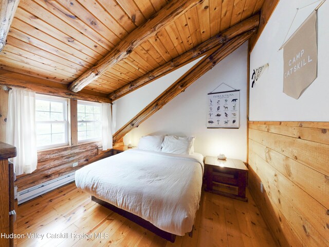 bedroom featuring beam ceiling, wooden ceiling, a baseboard heating unit, light hardwood / wood-style floors, and wooden walls