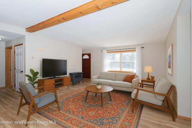 186 Meadow Brook Ln, Greenville, NY 12083 - living room with light wood-type flooring, a wood stove, baseboards, and beam ceiling