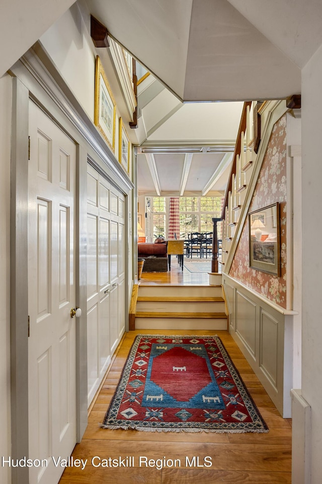 465 High Point Mountain Rd, West Shokan, NY 12494 - hall with light wood-type flooring, stairs, and wainscoting