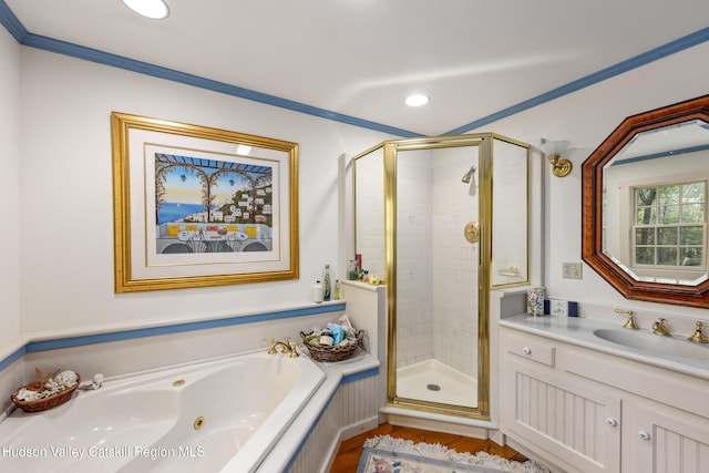 465 High Point Mountain Rd, West Shokan, NY 12494 - bathroom featuring a shower stall, a tub with jets, vanity, recessed lighting, and crown molding