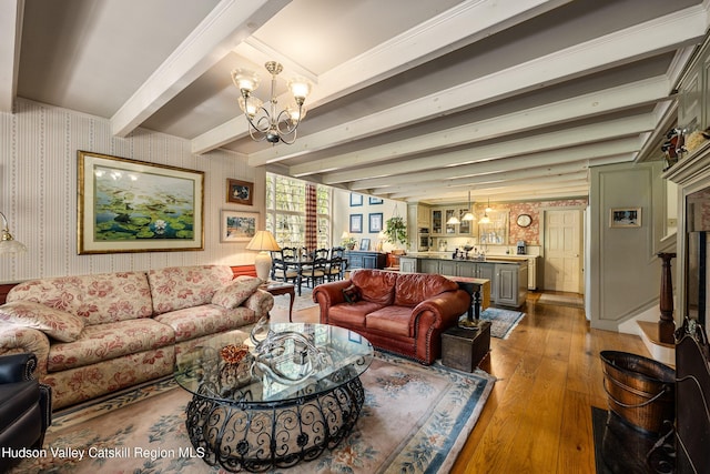 465 High Point Mountain Rd, West Shokan, NY 12494 - living area with a chandelier, wallpapered walls, hardwood / wood-style flooring, and beamed ceiling
