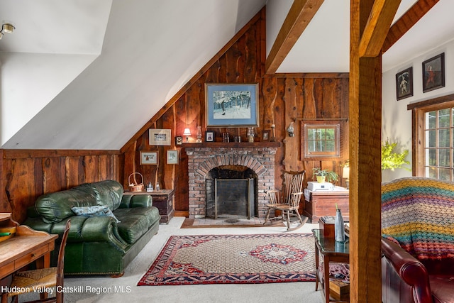 465 High Point Mountain Rd, West Shokan, NY 12494 - living room with wooden walls, lofted ceiling, carpet flooring, and a fireplace