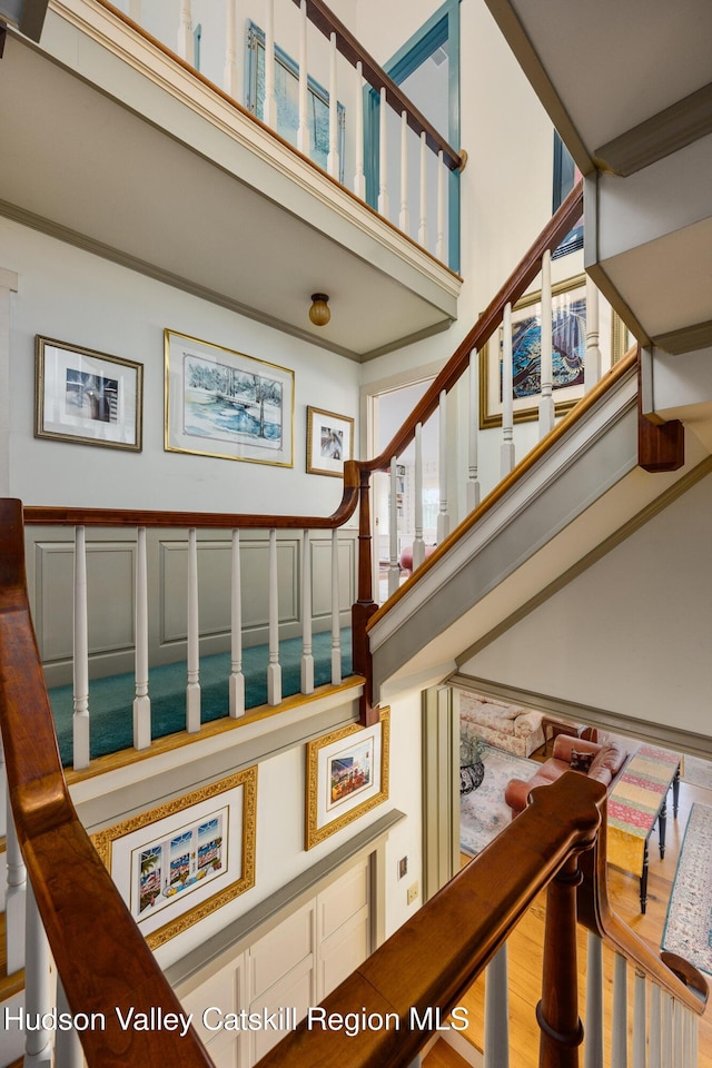 465 High Point Mountain Rd, West Shokan, NY 12494 - staircase featuring a towering ceiling and wood finished floors