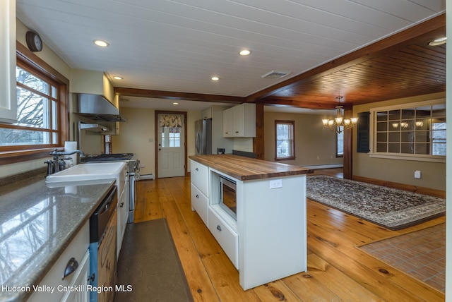 kitchen with appliances with stainless steel finishes, wooden counters, white cabinetry, hanging light fixtures, and wooden ceiling