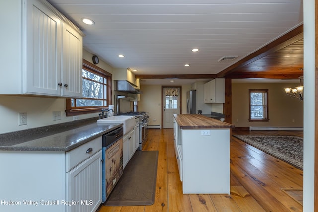 kitchen with white cabinetry, butcher block counters, stainless steel appliances, and light wood-type flooring