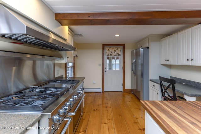 kitchen featuring a baseboard heating unit, light hardwood / wood-style flooring, stainless steel appliances, white cabinets, and island range hood