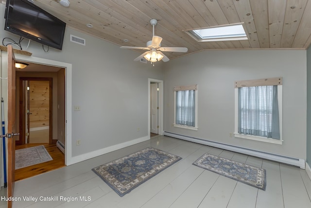 spare room featuring ceiling fan, a baseboard radiator, vaulted ceiling with skylight, and wood ceiling