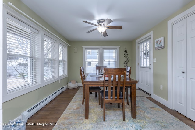 dining room with a baseboard heating unit, ceiling fan, and dark wood-type flooring