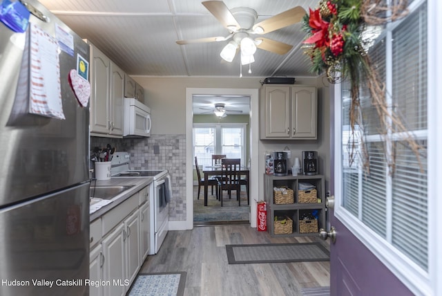 kitchen with gray cabinets, light hardwood / wood-style floors, tasteful backsplash, and white appliances