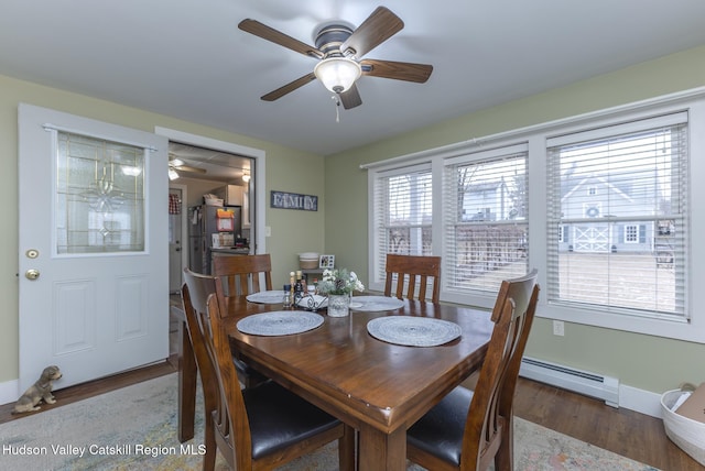 dining space with ceiling fan, a baseboard radiator, and hardwood / wood-style flooring