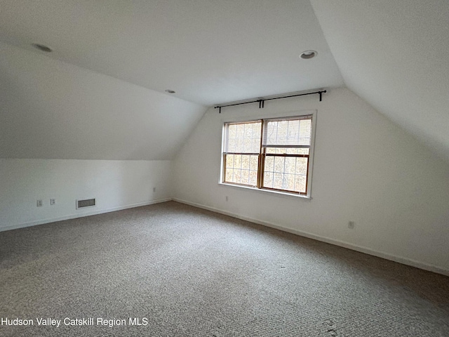 additional living space featuring carpet floors, a textured ceiling, and vaulted ceiling