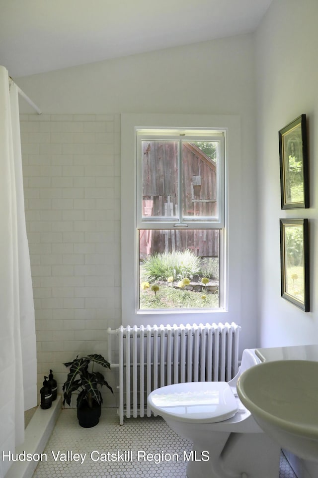 10 Erickson Rd, Hardenburgh, NY 12406 - bathroom featuring radiator heating unit and curtained shower