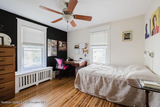 15 Mckinstry Pl, Hudson, NY 12534 - bedroom featuring wood finished floors, radiator heating unit, and ceiling fan