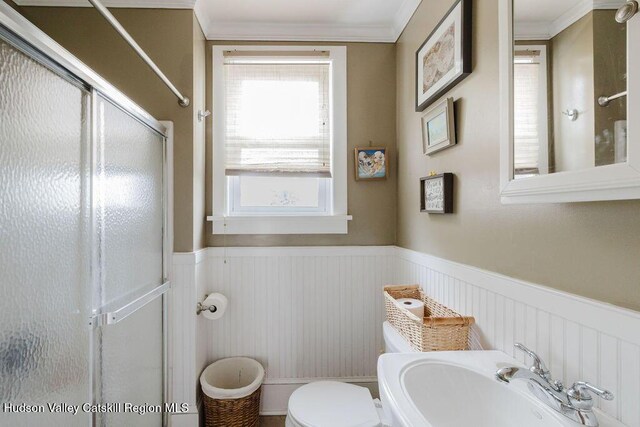 15 Mckinstry Pl, Hudson, NY 12534 - full bathroom featuring wainscoting, a shower stall, toilet, a sink, and crown molding