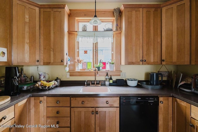 15 Mckinstry Pl, Hudson, NY 12534 - kitchen featuring black dishwasher, a sink, brown cabinetry, and dark countertops