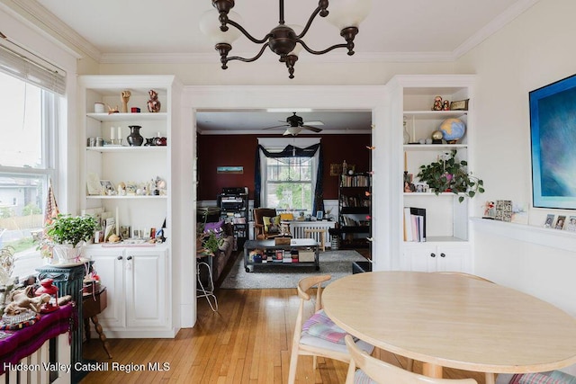 15 Mckinstry Pl, Hudson, NY 12534 - dining room with a chandelier, light wood-type flooring, crown molding, and a ceiling fan