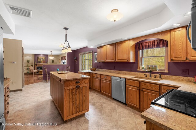 4 Mountain View Dr, Kerhonkson, NY 12446 - kitchen featuring dishwasher, a kitchen island, a sink, black / electric stove, and hanging light fixtures
