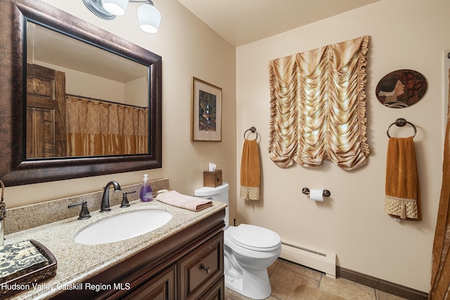 4 Mountain View Dr, Kerhonkson, NY 12446 - full bathroom with baseboard heating, toilet, vanity, tile patterned floors, and baseboards