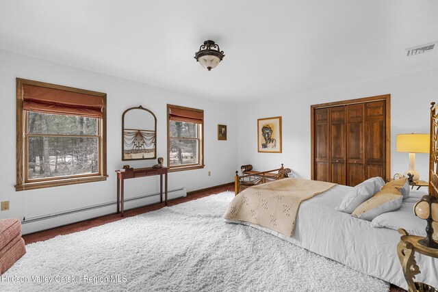 4 Mountain View Dr, Kerhonkson, NY 12446 - bedroom featuring a baseboard radiator, multiple windows, carpet floors, and a closet