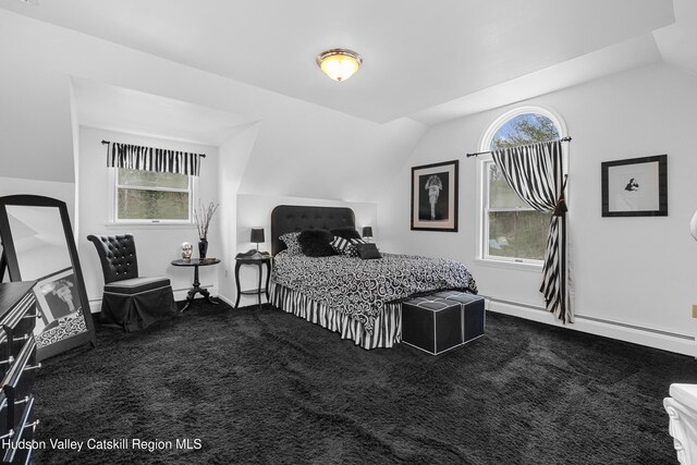 4 Mountain View Dr, Kerhonkson, NY 12446 - bedroom with carpet flooring, vaulted ceiling, and a baseboard radiator