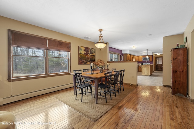 4 Mountain View Dr, Kerhonkson, NY 12446 - dining space featuring a baseboard radiator, light wood-type flooring, and baseboards