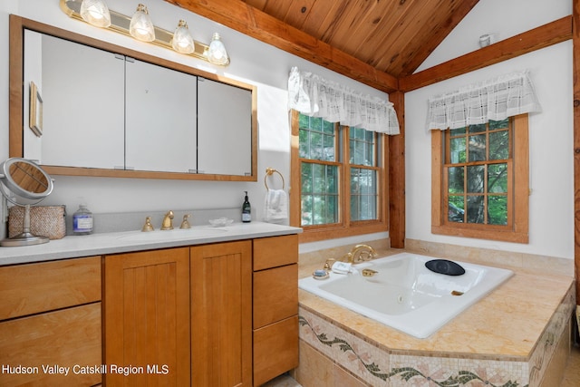 bathroom featuring vanity, a relaxing tiled tub, wood ceiling, and vaulted ceiling