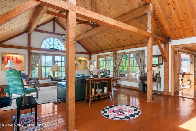 living room featuring ceiling fan, wooden ceiling, high vaulted ceiling, beamed ceiling, and hardwood / wood-style flooring