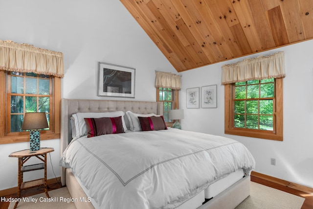 bedroom featuring multiple windows, high vaulted ceiling, and wood-type flooring