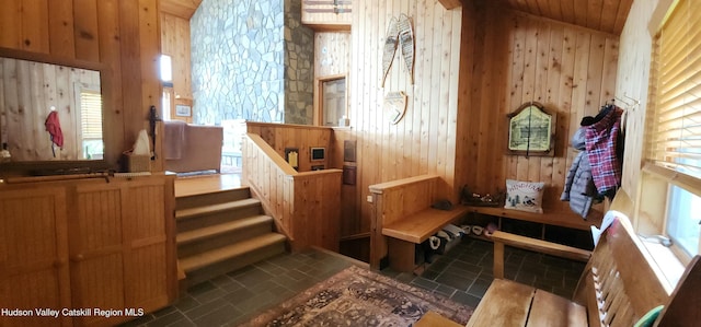 490 Mill St, Windham, NY 12496 - stairs with wood walls, lofted ceiling, and wood ceiling
