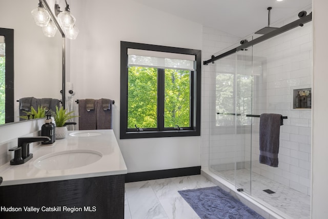 4 Goff Rd, Windham, NY 12496 - full bath with a shower stall, double vanity, and marble finish flooring