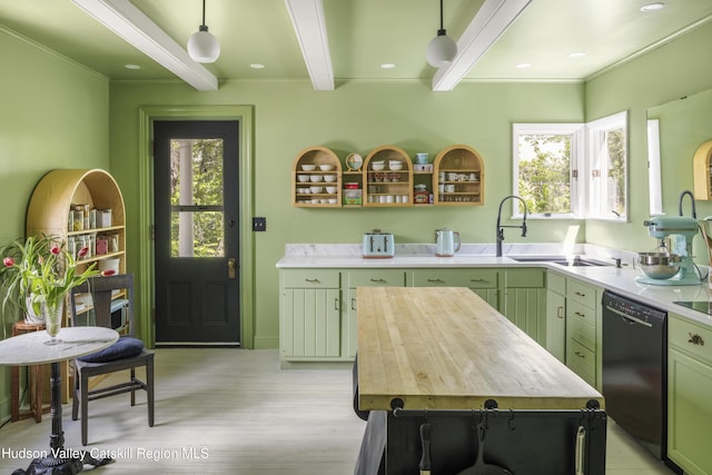 131 William St, Catskill, NY 12414 - kitchen featuring black dishwasher, green cabinetry, wooden counters, beamed ceiling, and healthy amount of natural light