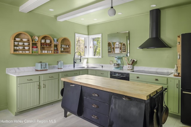 131 William St, Catskill, NY 12414 - kitchen featuring wall chimney exhaust hood, wood counters, black appliances, green cabinetry, and light wood-style floors