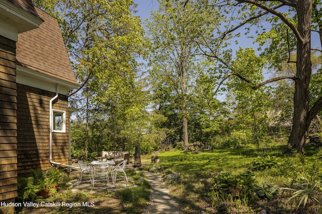 131 William St, Catskill, NY 12414 - view of yard with a patio, outdoor dining area, and view of wooded area