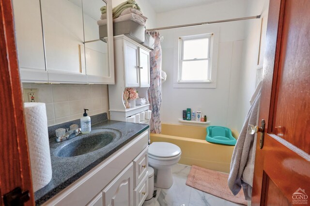 825 Union St, Hudson, NY 12534 - full bath featuring decorative backsplash, toilet, vanity, shower / bath combo, and marble finish floors