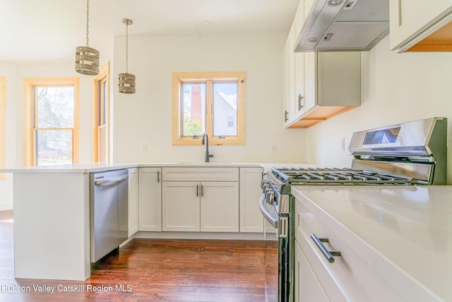 kitchen with appliances with stainless steel finishes, a healthy amount of sunlight, a sink, and under cabinet range hood