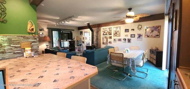 56 Highlands Dr Unit F3, Hunter, NY 12442 - dining area featuring a ceiling fan, carpet floors, a wood stove, and track lighting