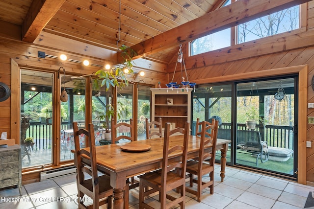 dining space with a baseboard heating unit, wooden walls, lofted ceiling with beams, wooden ceiling, and light tile patterned flooring