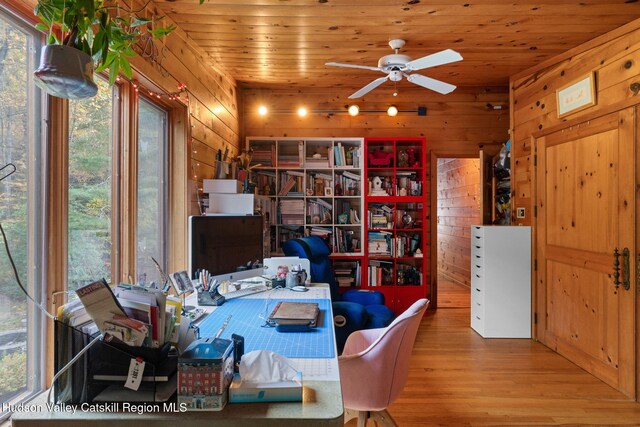 office area featuring wooden walls, hardwood / wood-style floors, ceiling fan, and wooden ceiling