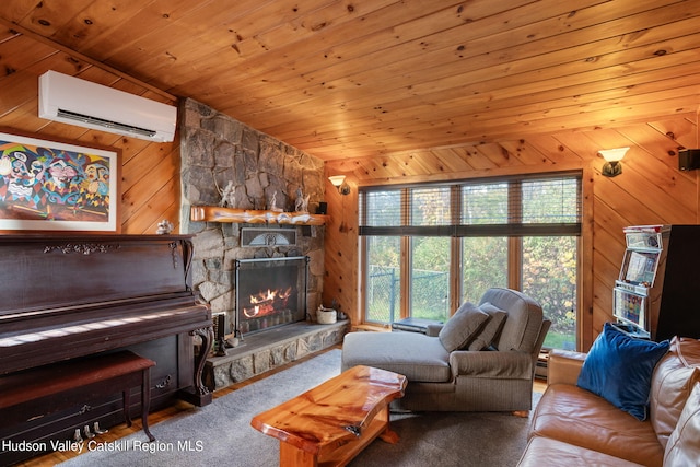 carpeted living room featuring a wall mounted air conditioner, a stone fireplace, wood walls, lofted ceiling, and wood ceiling