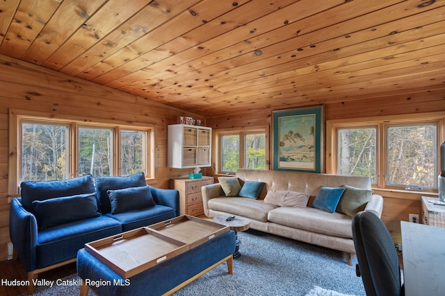 living room with lofted ceiling, wood walls, wooden ceiling, and carpet floors