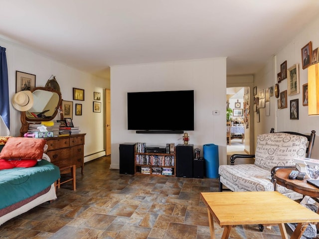living area with baseboard heating and stone finish flooring