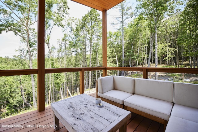 224 Upper Lumber Rd, Lumberland, NY 12737 - wooden terrace with outdoor lounge area and a view of trees