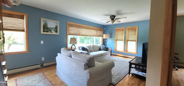 273 E Conesville Rd, Conesville, NY 12076 - living room with baseboard heating, light wood-type flooring, ceiling fan, and a baseboard heating unit