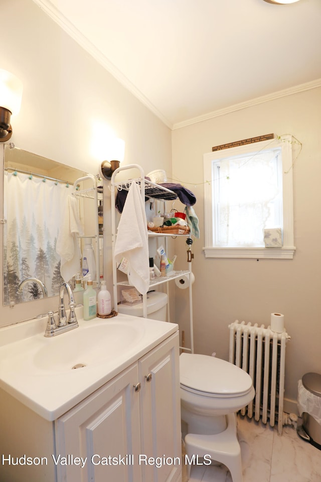 full bath featuring ornamental molding, toilet, radiator, vanity, and marble finish floor