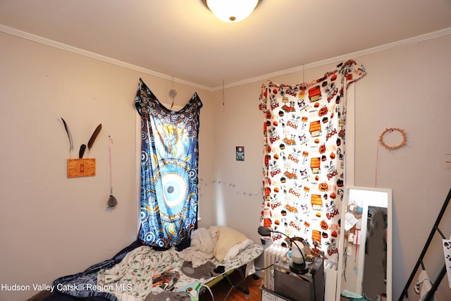 bedroom with ornamental molding and wood finished floors