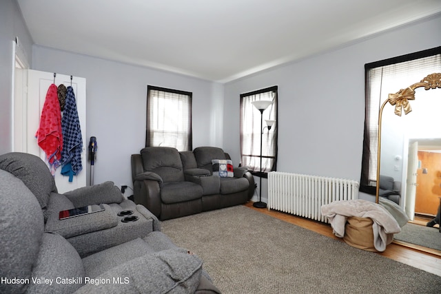 living room featuring radiator heating unit and wood finished floors
