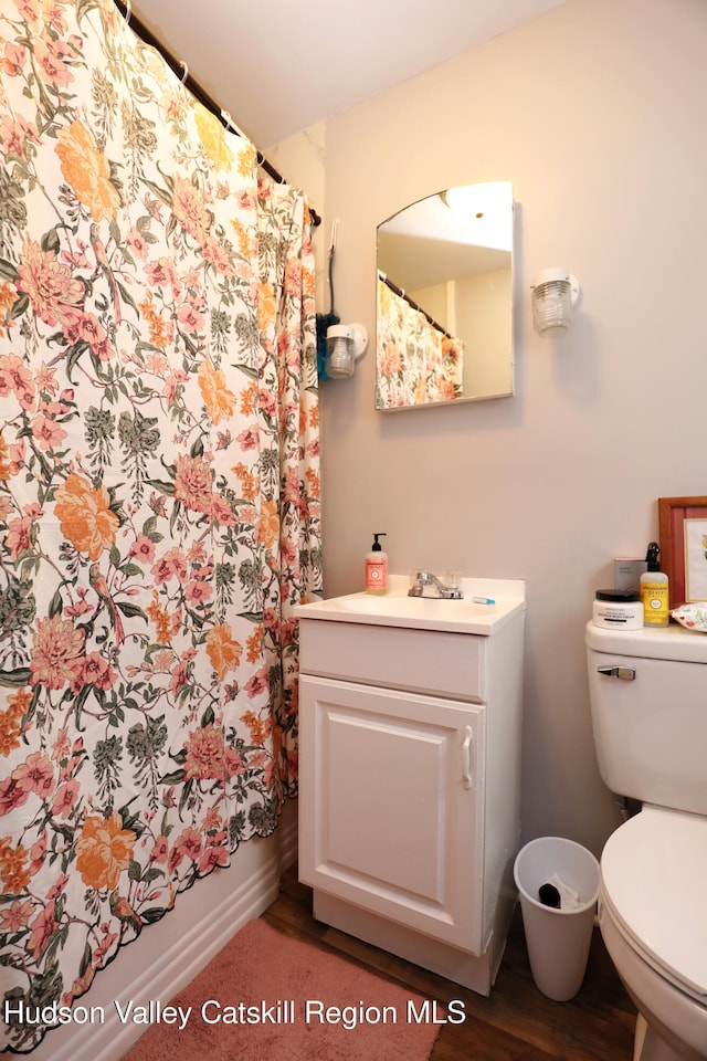 bathroom featuring toilet, curtained shower, wood finished floors, and vanity