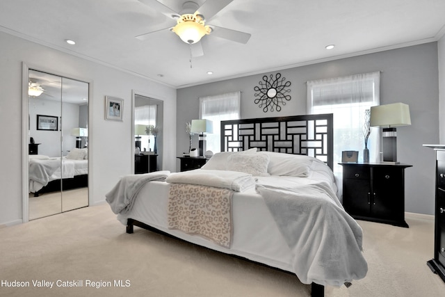 8 Orlich Rd, Red Hook, NY 12571 - bedroom featuring light colored carpet, crown molding, recessed lighting, ceiling fan, and baseboards