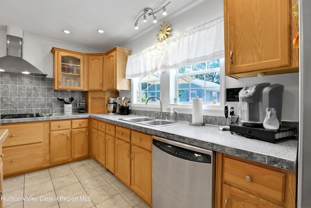 8 Orlich Rd, Red Hook, NY 12571 - kitchen featuring dishwasher, wall chimney range hood, a sink, gas cooktop, and light tile patterned flooring
