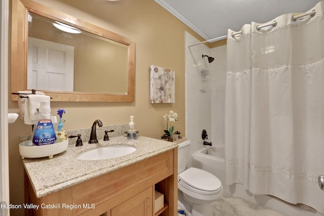 8 Orlich Rd, Red Hook, NY 12571 - bathroom featuring shower / bath combo, ornamental molding, toilet, and vanity